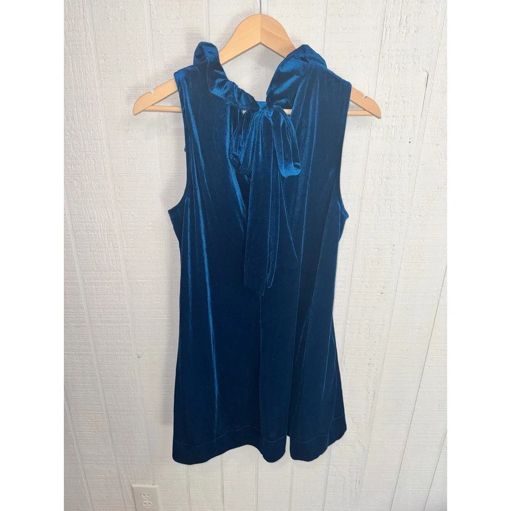 Umgee Velvet Shift Dress Womens Teal Blue Ruffle Tie Neck Sleeveless L
